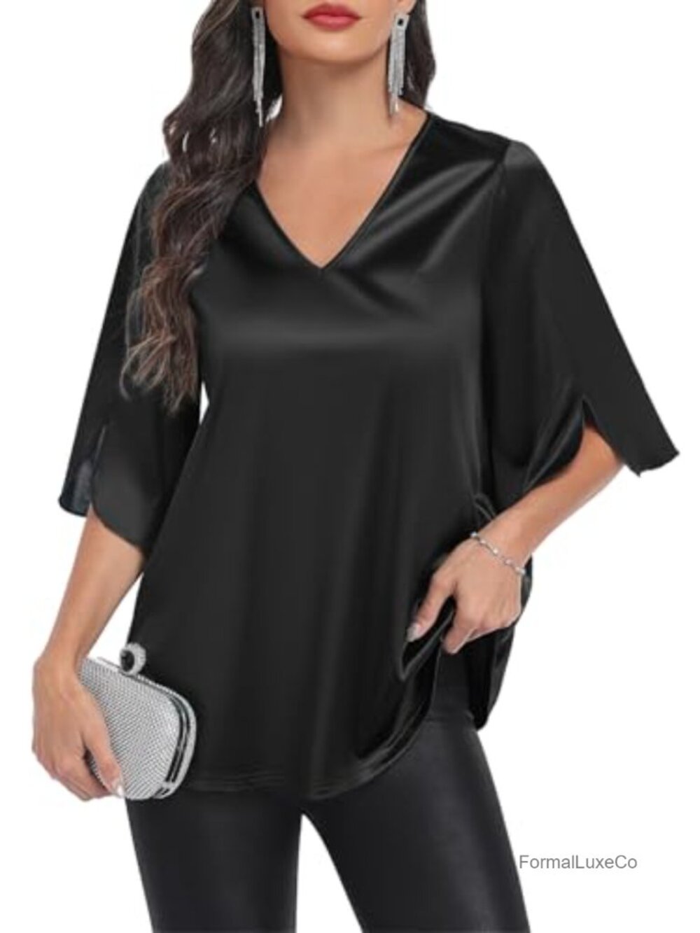 Women's Stretch Satin Blouse V Neck 3/4 Sleeve Dressy A-Line Top